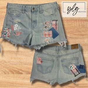 Hollister Jean Cut Off Shorts Patched Boho Denim Booty Pink Paris French Flower